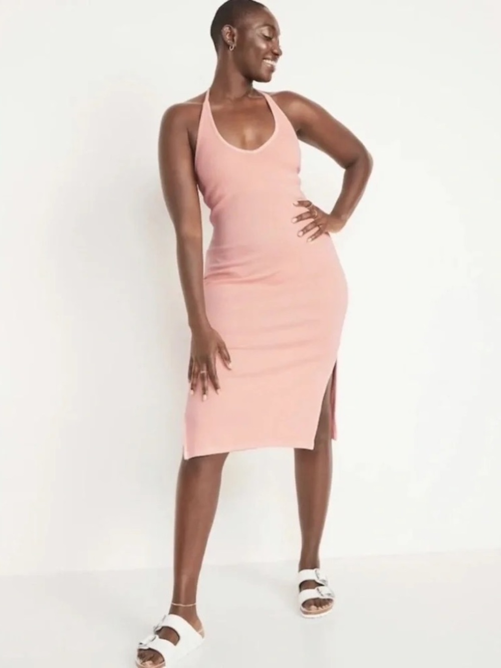 Old Navy Blush Pink Ribbed Halter Tie-Neck Side-Slit Midi Dress XL